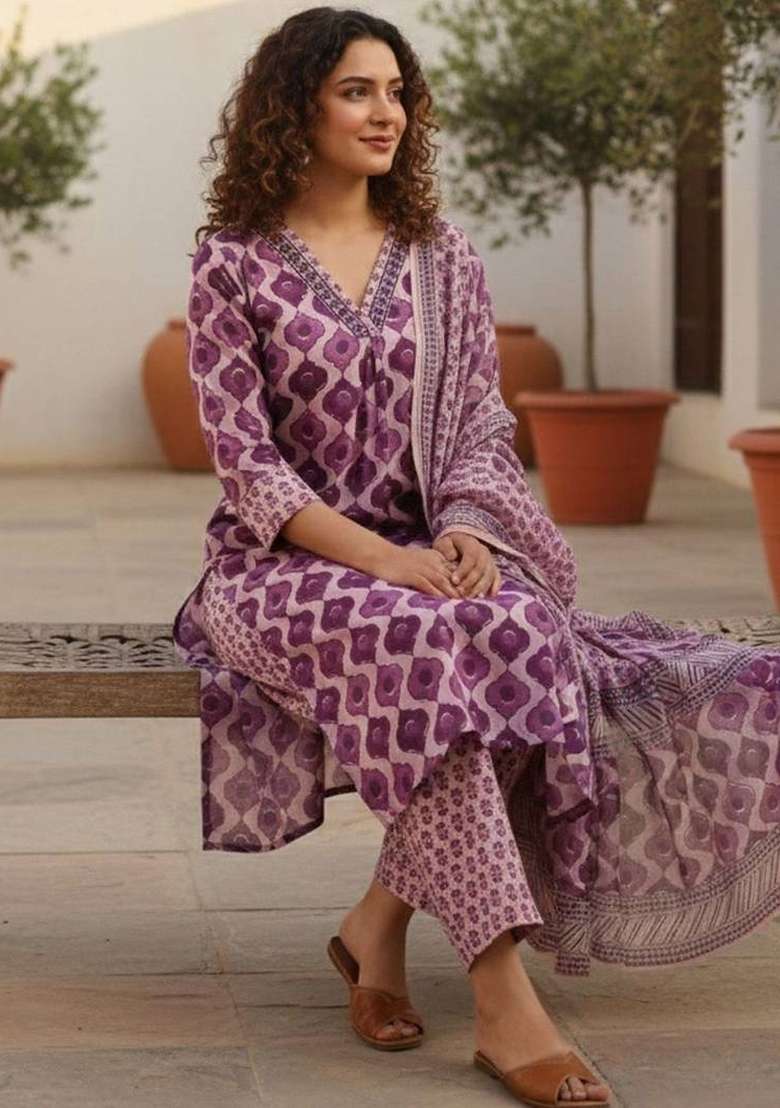 Purple Printed Cotton Kurta Set - Indya