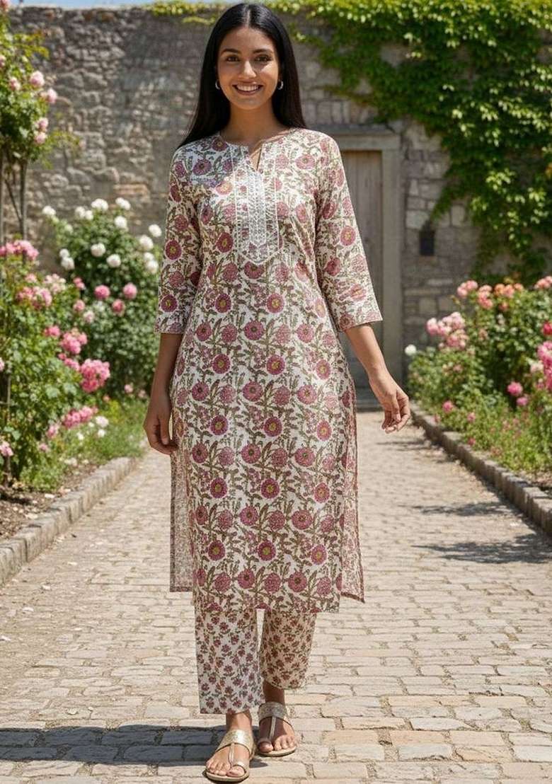 Pink Printed Cotton Kurta Set - Indya