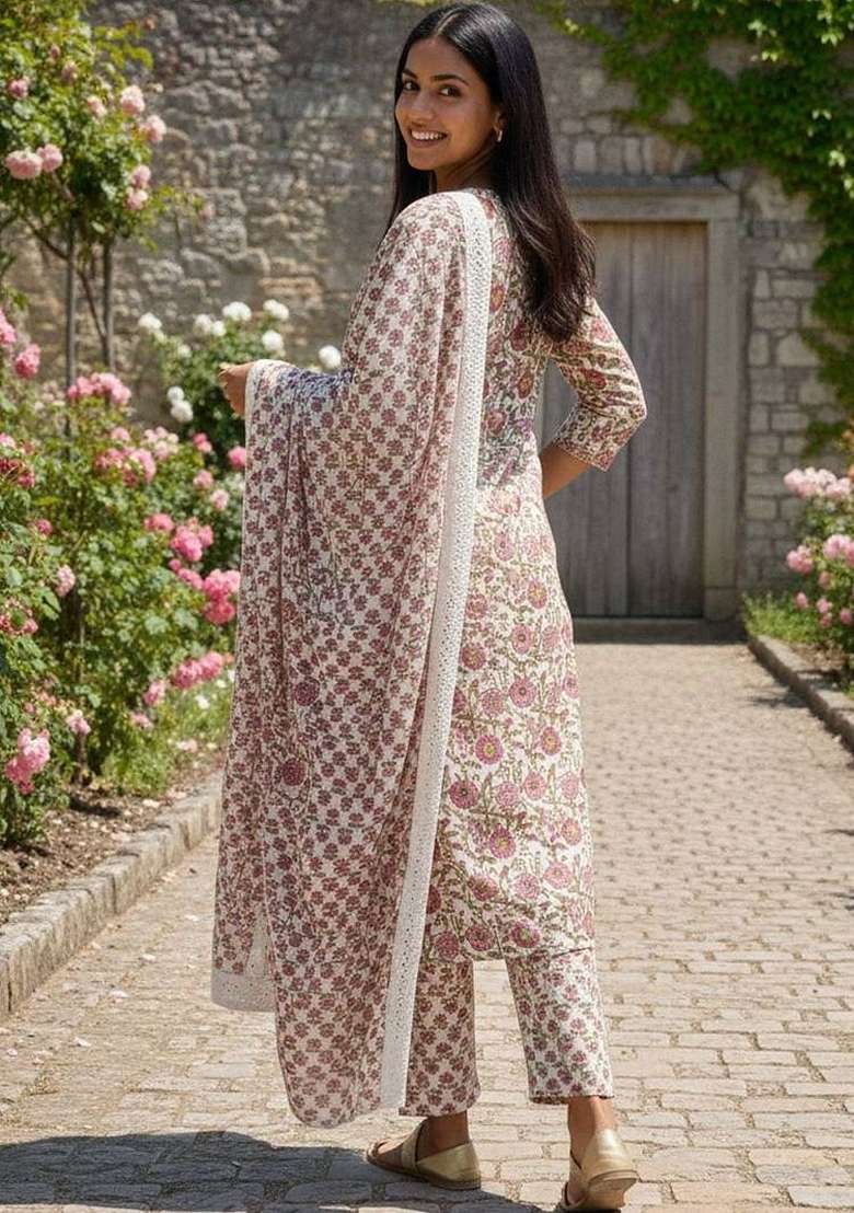 Pink Printed Cotton Kurta Set - Indya