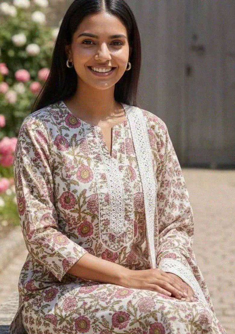 Pink Printed Cotton Kurta Set - Indya