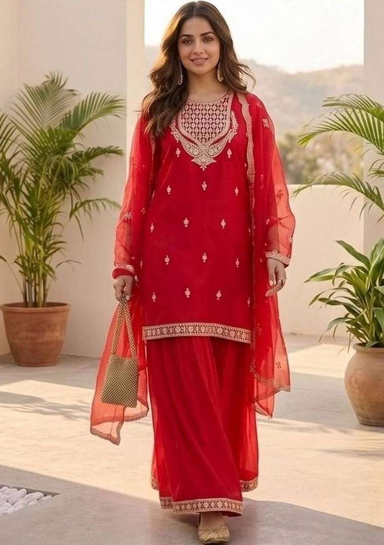 Red Embroidery Silk Kurta Set - Indya
