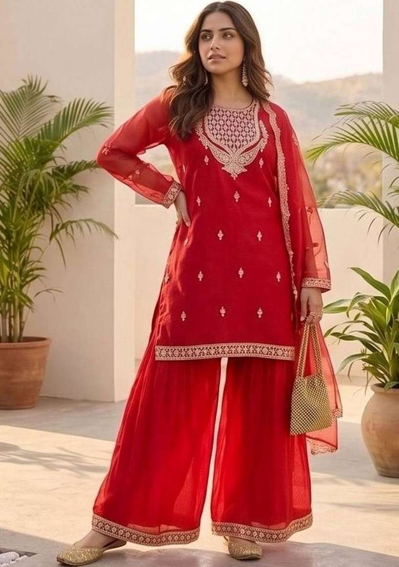 Red Embroidery Silk Kurta Set - Indya
