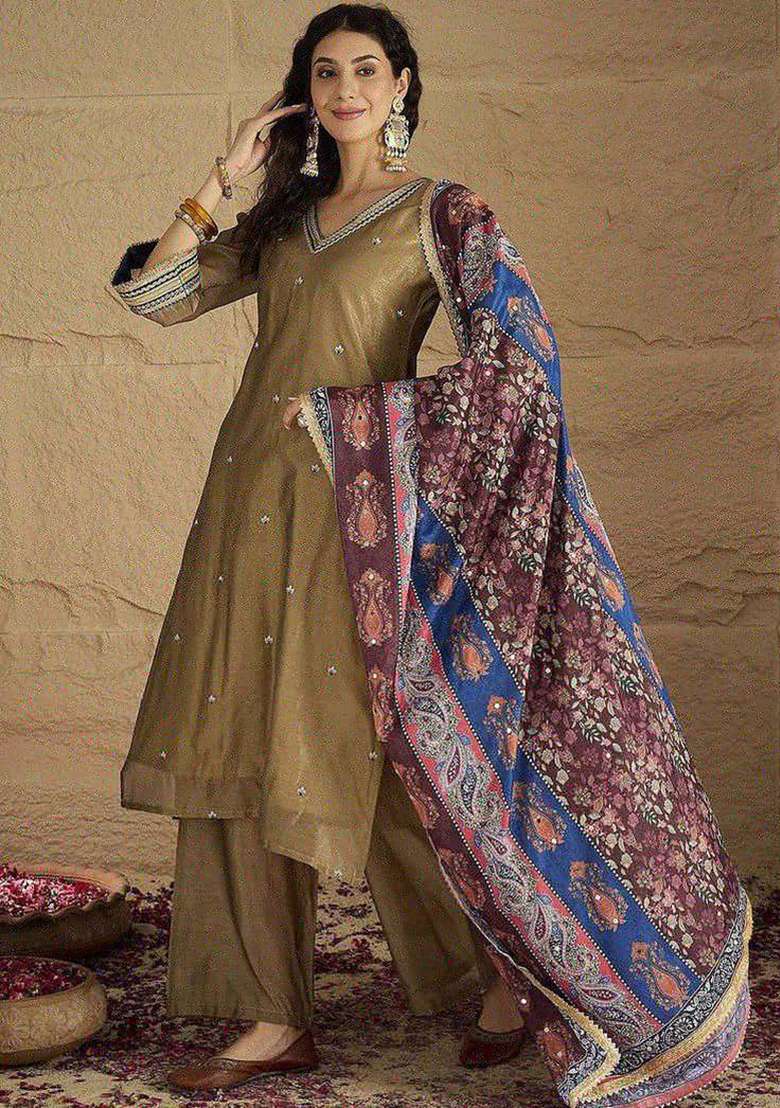 Golden Embroidery Silk Kurta Set - Indya
