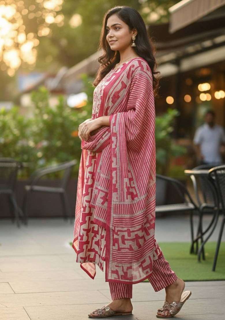 Red Printed Cotton Kurta Set - Indya