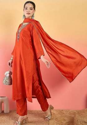 Orange Embroidery Silk Kurta Set