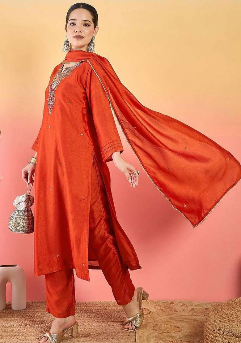 Orange Embroidery Silk Kurta Set - Indya