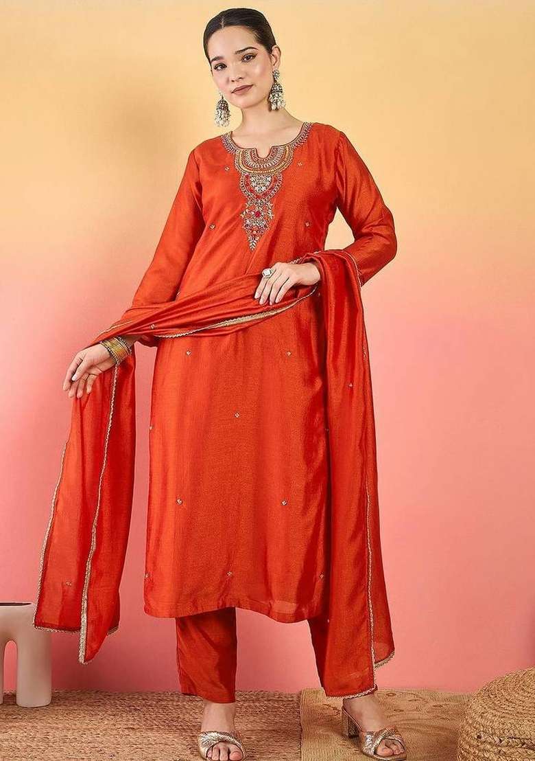 Orange Embroidery Silk Kurta Set - Indya