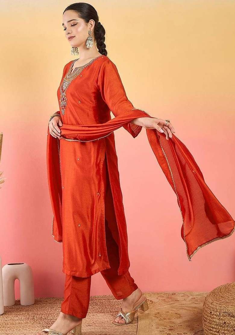 Orange Embroidery Silk Kurta Set - Indya