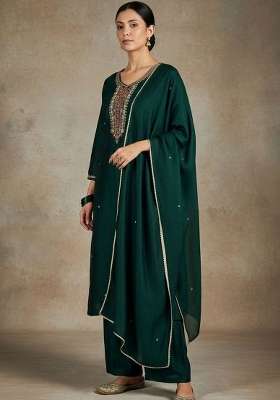 Green Embroidery Silk Kurta Set