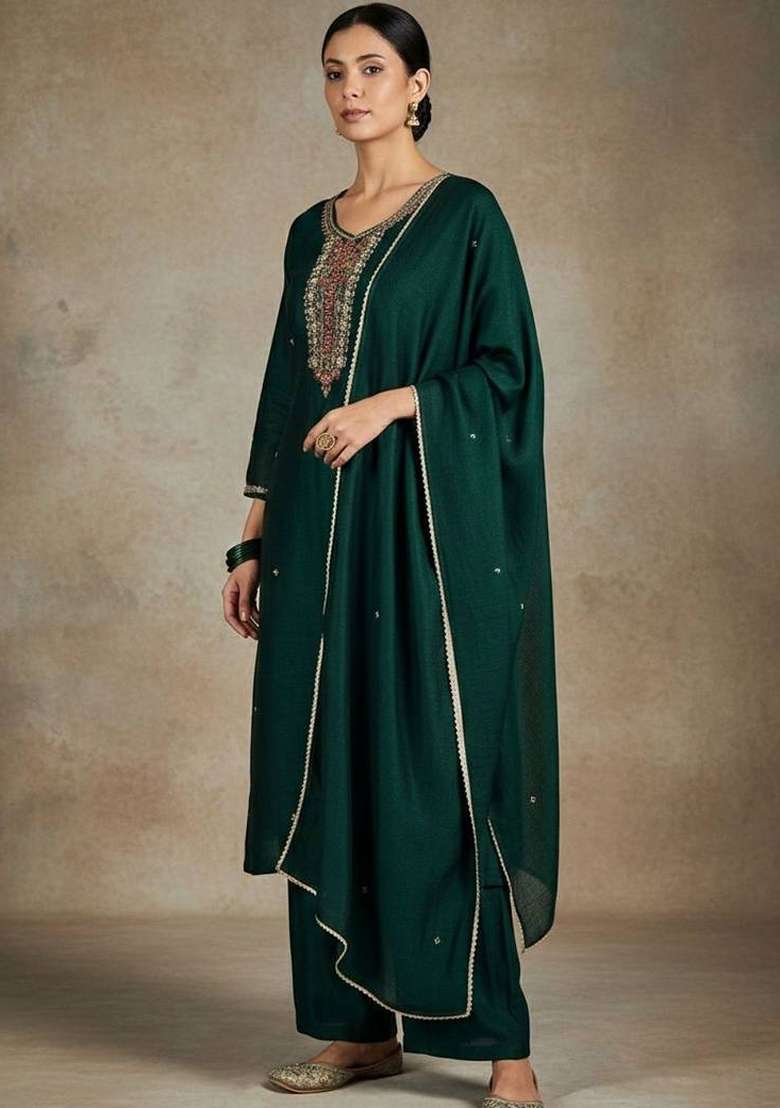 Green Embroidery Silk Kurta Set - Indya