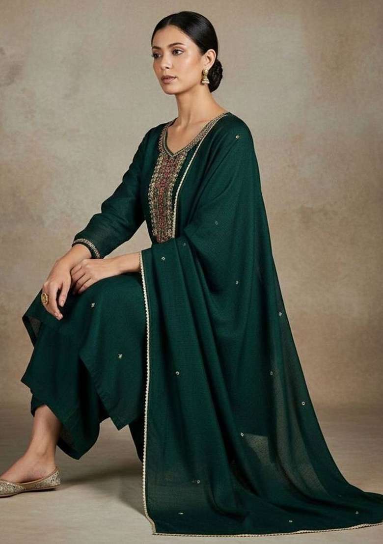 Green Embroidery Silk Kurta Set - Indya
