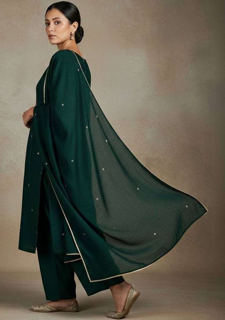 Green Embroidery Silk Kurta Set - Indya