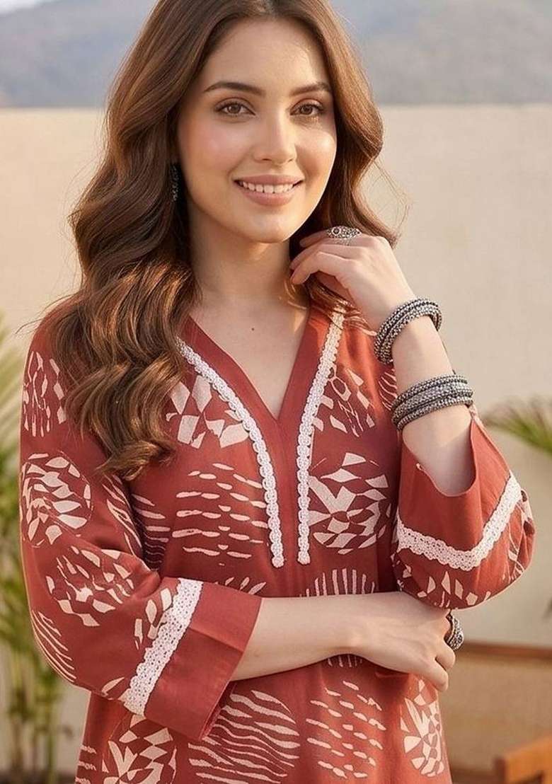 Red Printed Cotton Kurta Set - Indya