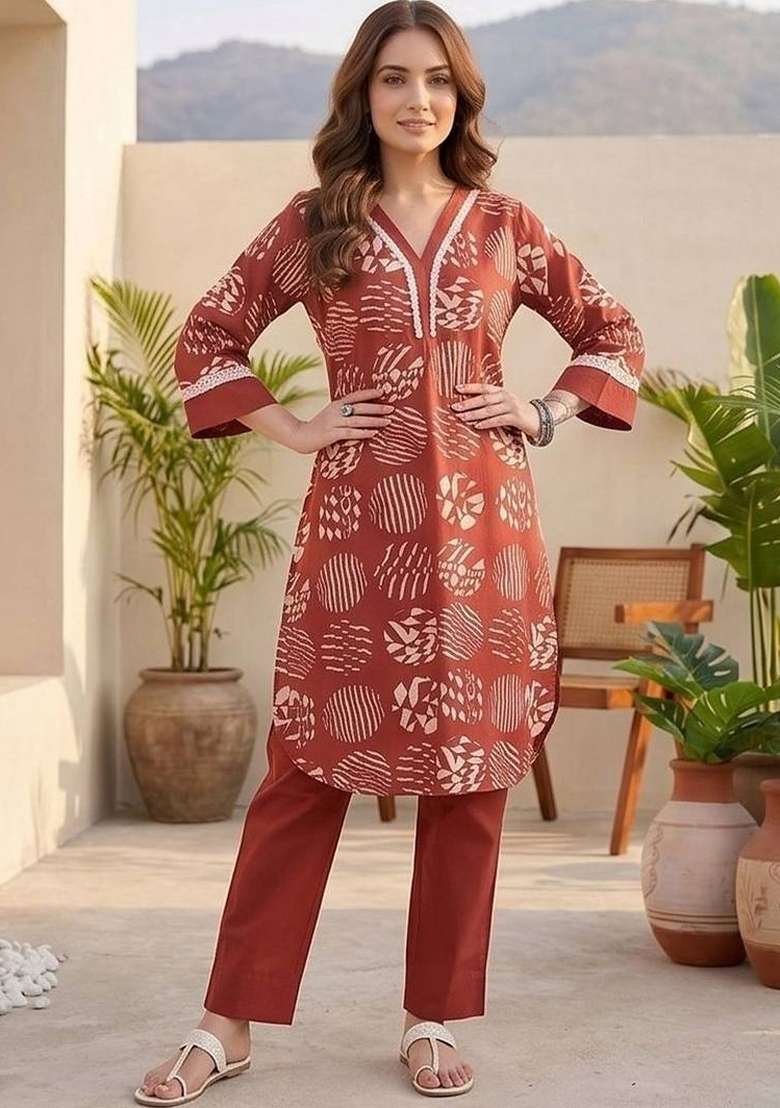 Red Printed Cotton Kurta Set - Indya