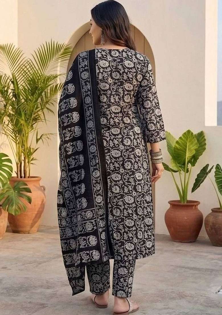Black Printed Cotton Kurta Set - Indya