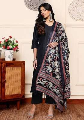 Black Printed Cotton Kurta Set