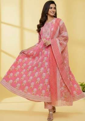 Pink Printed Cotton Kurta Set