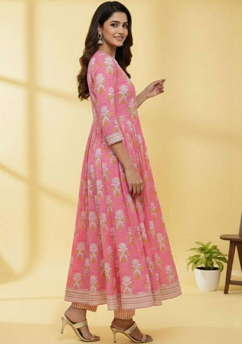 Pink Printed Cotton Kurta Set - Indya