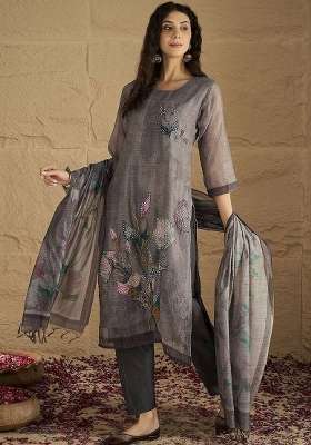 Grey Solid Cotton Kurta Set