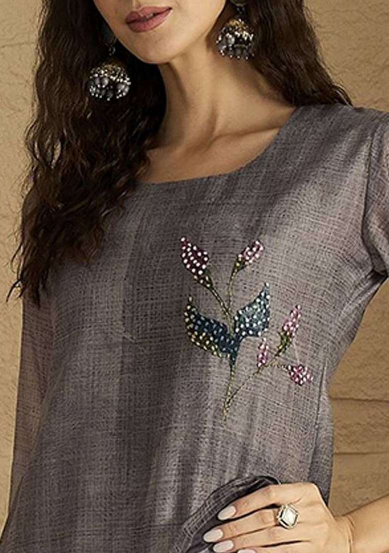 Grey Solid Cotton Kurta Set - Indya