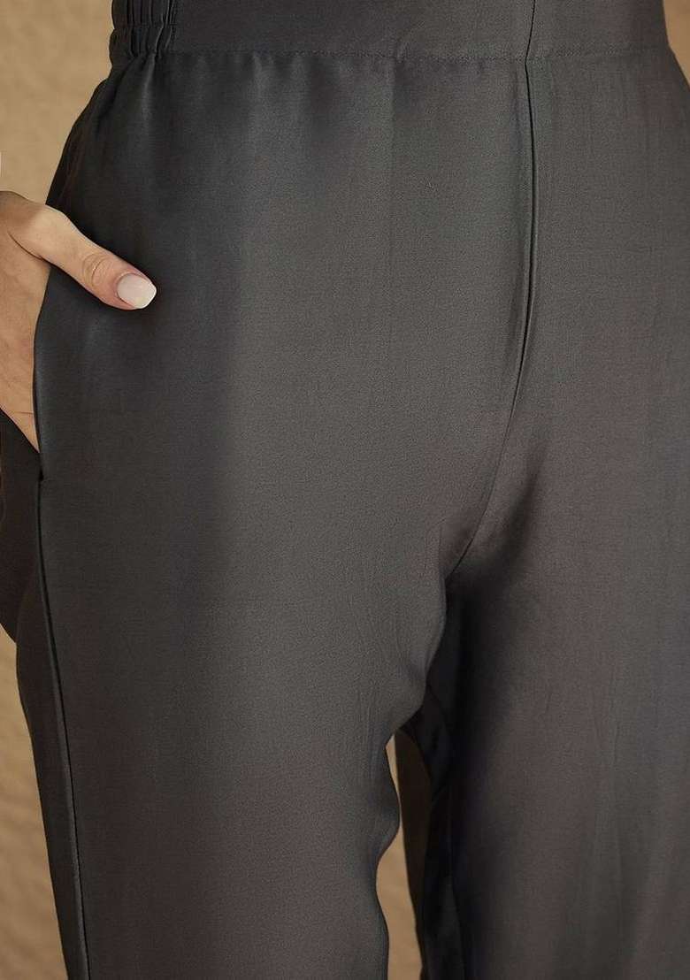Grey Solid Cotton Kurta Set - Indya