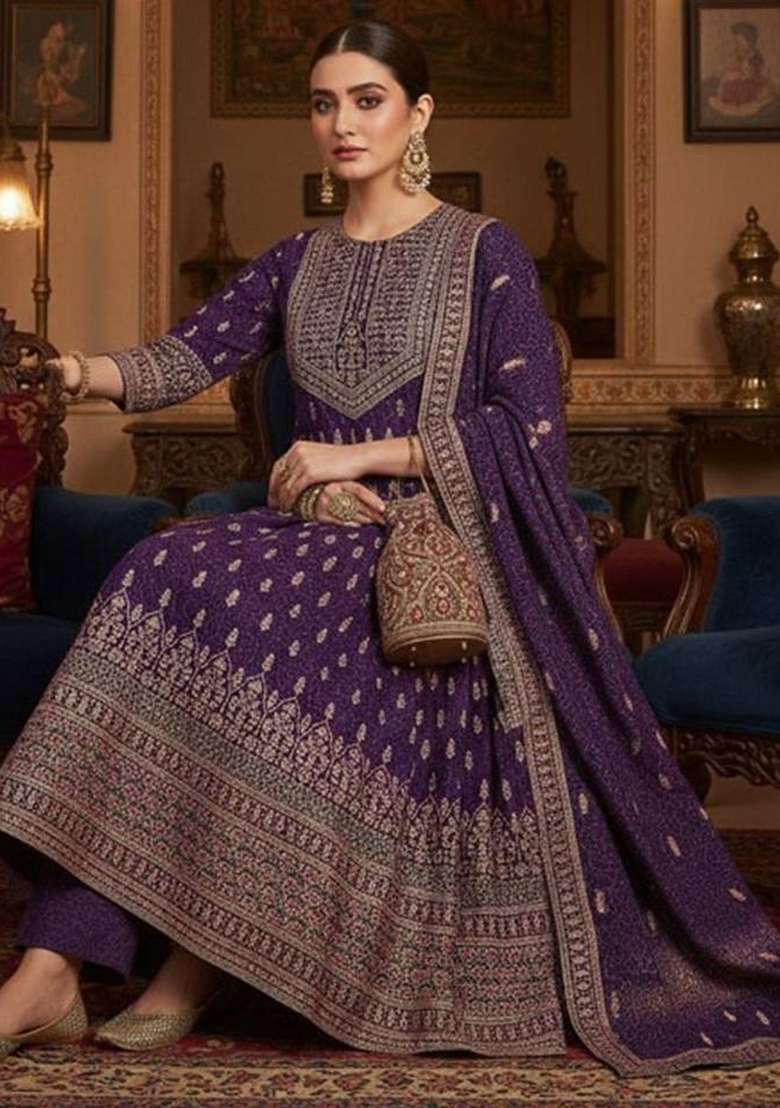 Purple Printed Chinon Kurta Set - Indya