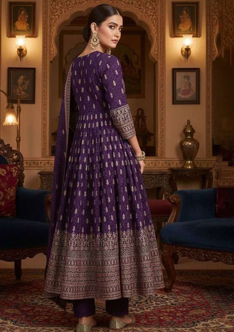 Purple Printed Chinon Kurta Set - Indya