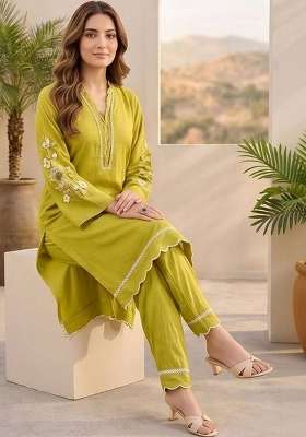 Lime Green Embroidery Silk Kurta Set