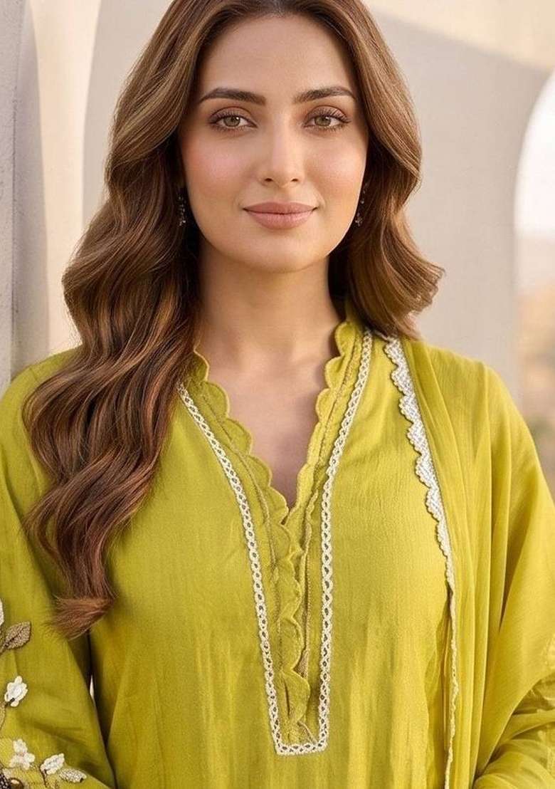 Lime Green Embroidery Silk Kurta Set - Indya