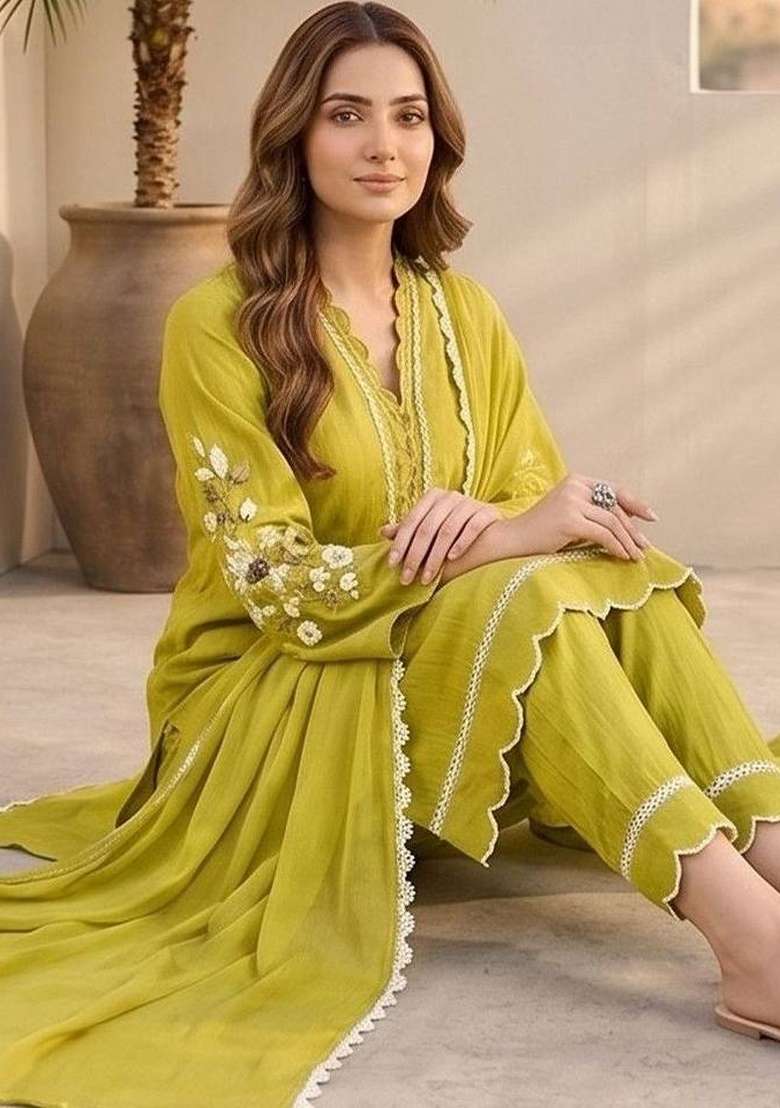 Lime Green Embroidery Silk Kurta Set - Indya