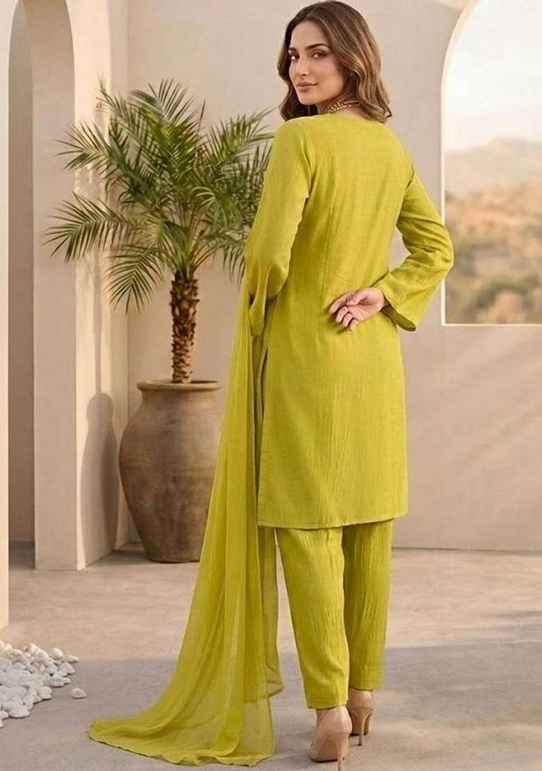 Lime Green Embroidery Silk Kurta Set - Indya