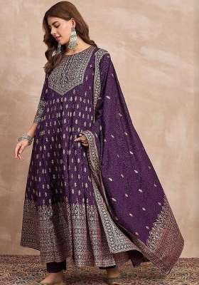 Purple Printed Chinon Kurta Set