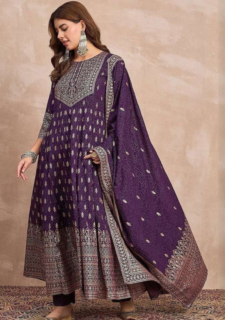 Purple Printed Chinon Kurta Set - Indya