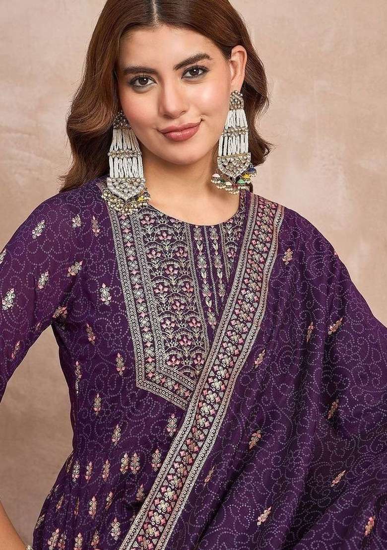 Purple Printed Chinon Kurta Set - Indya