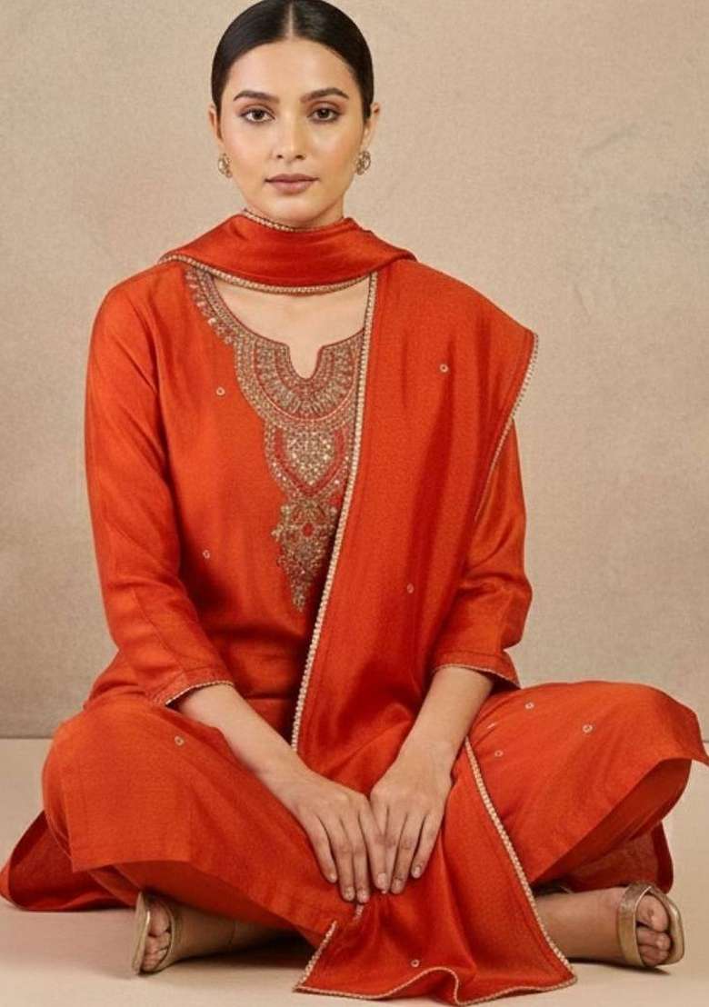 Orange Embroidery Silk Kurta Set - Indya