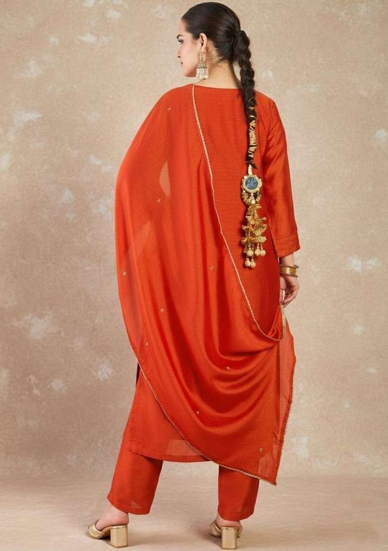 Orange Embroidery Silk Kurta Set - Indya