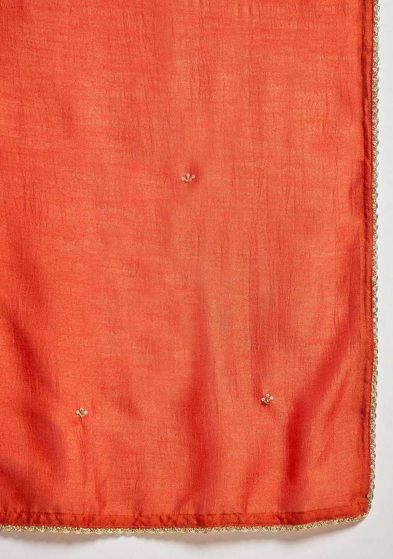 Orange Embroidery Silk Kurta Set - Indya