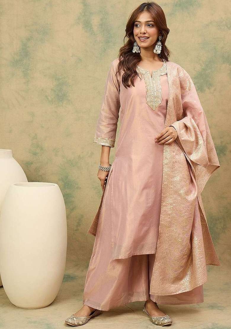Peach Solid Silk Palazzo Set - Indya