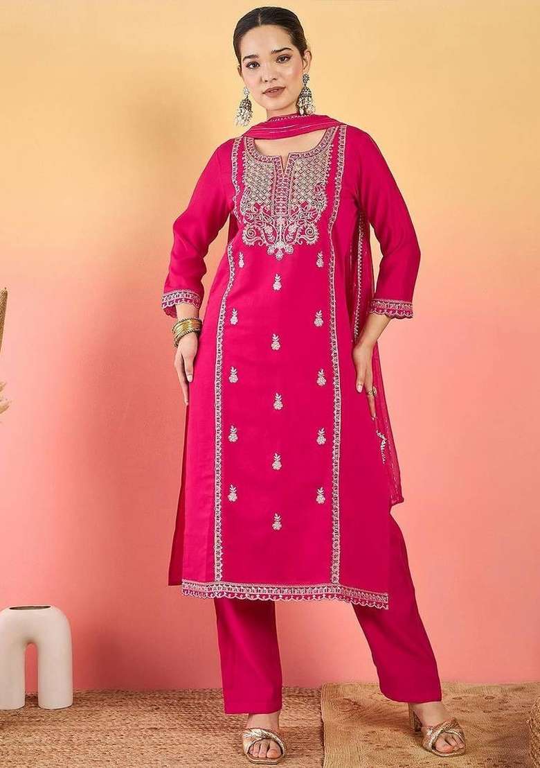 Pink Embroidery Silk Kurta Set - Indya