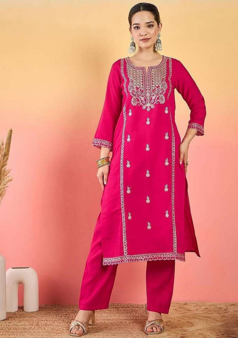 Pink Embroidery Silk Kurta Set - Indya