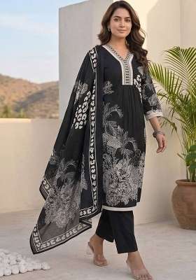 Black Printed Cotton Kurta Set