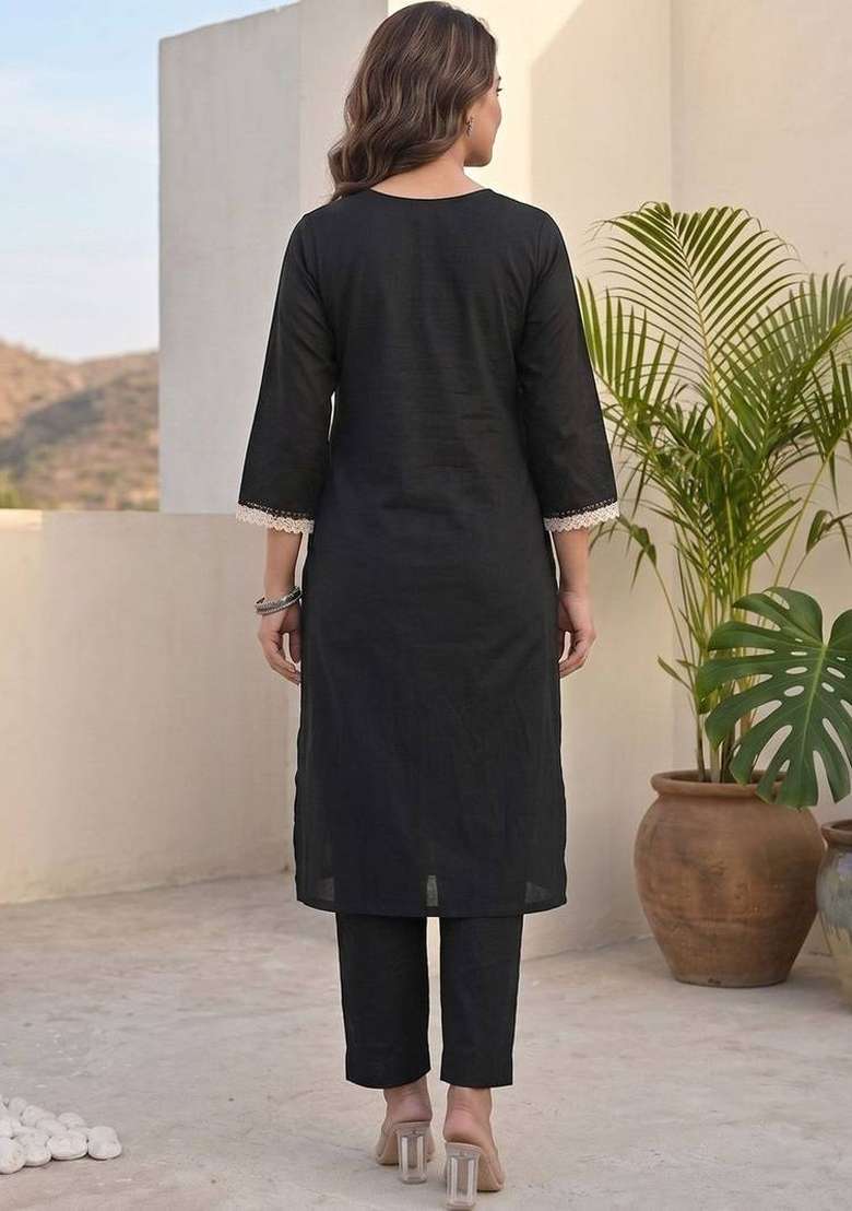 Black Printed Cotton Kurta Set - Indya