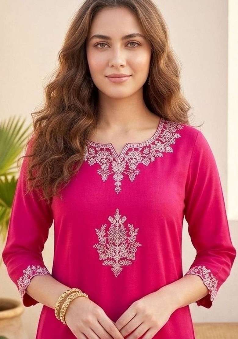 Pink Embroidery Silk Kurta Set - Indya