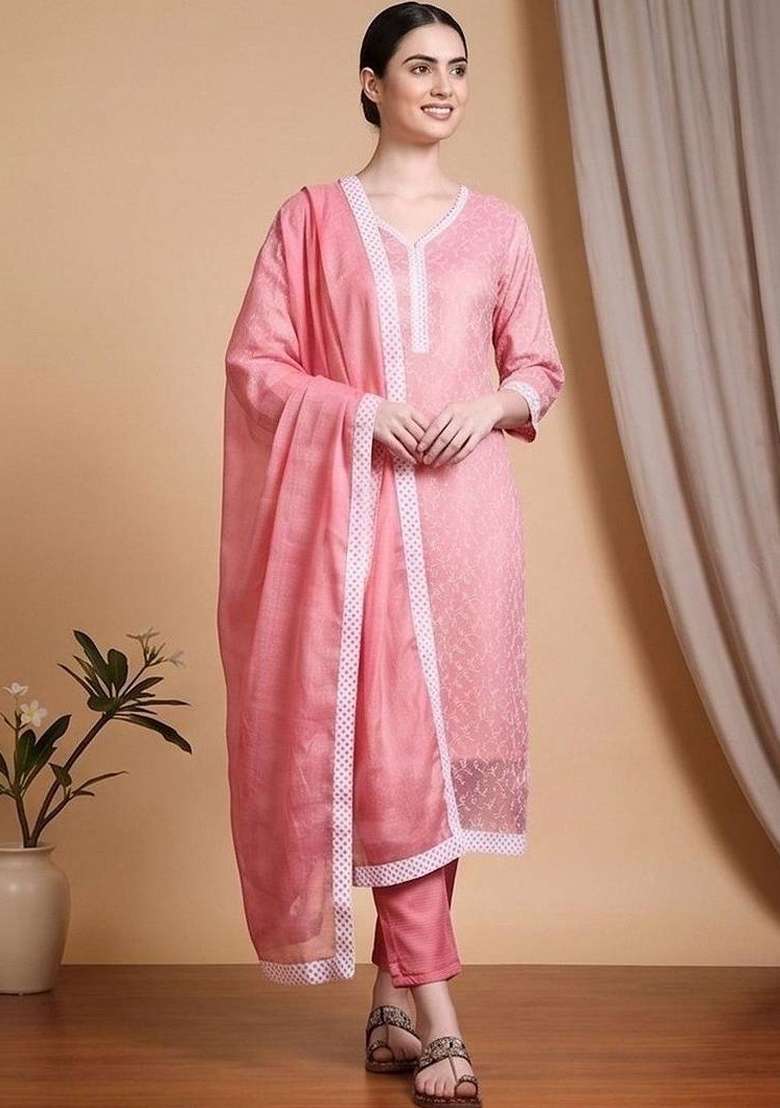 Pink Embroidery Cotton Kurta Set - Indya