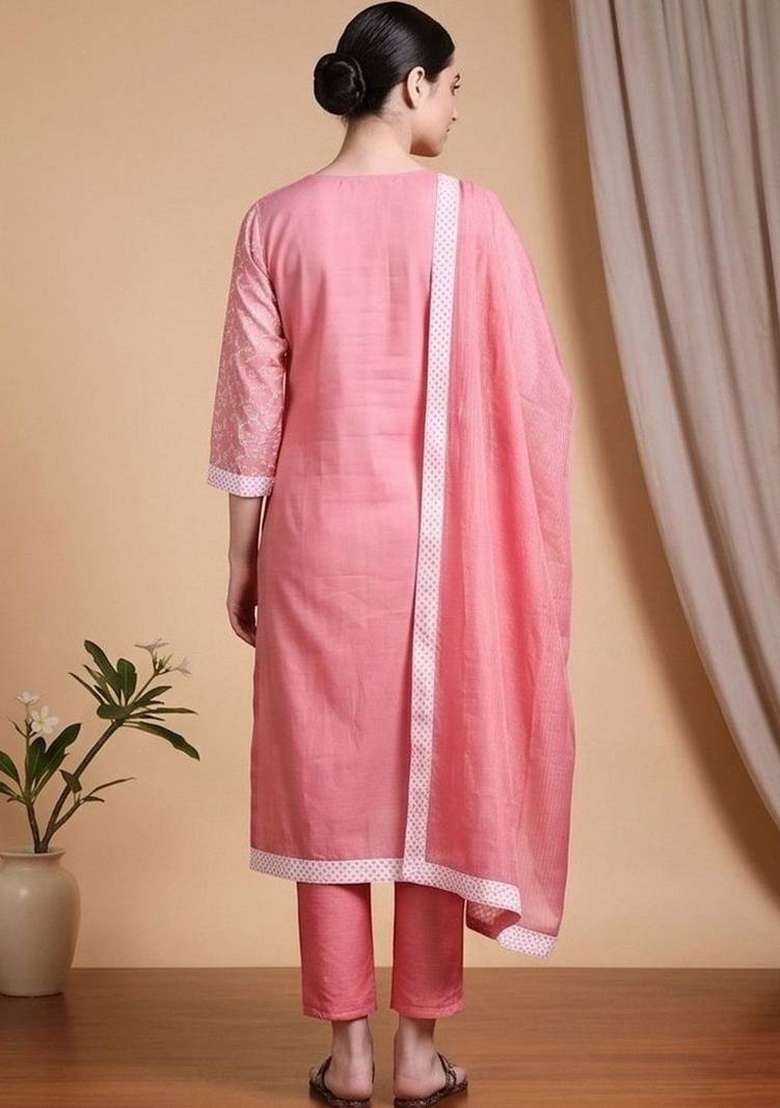 Pink Embroidery Cotton Kurta Set - Indya