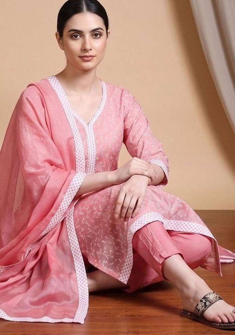Pink Embroidery Cotton Kurta Set - Indya