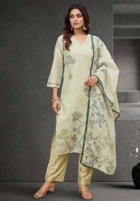 Cream Printed Cotton Kurta Set