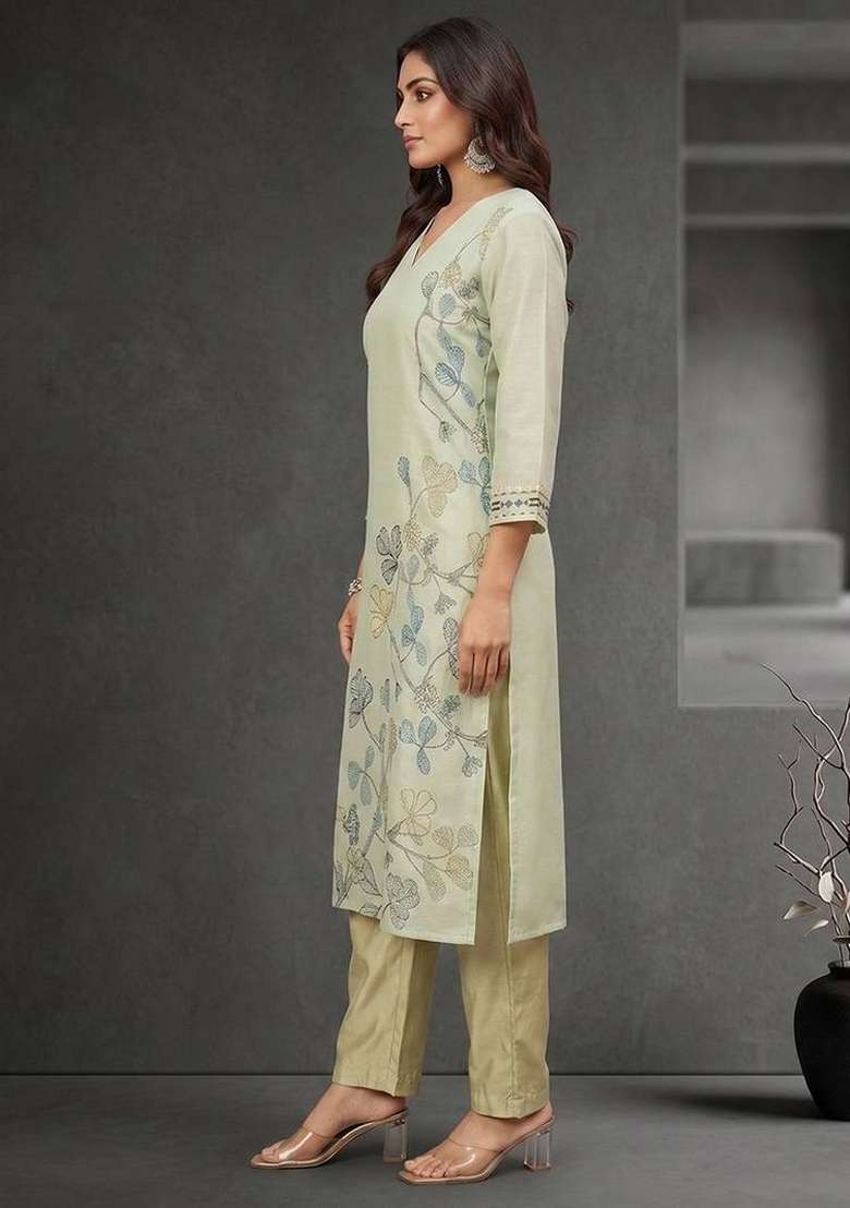 Cream Printed Cotton Kurta Set - Indya