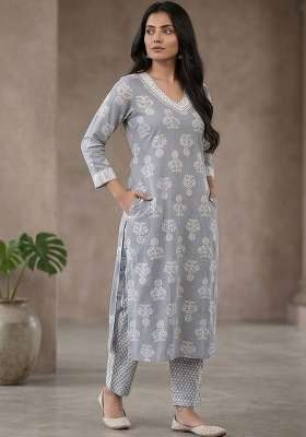 Grey Printed Cotton Kurta Set