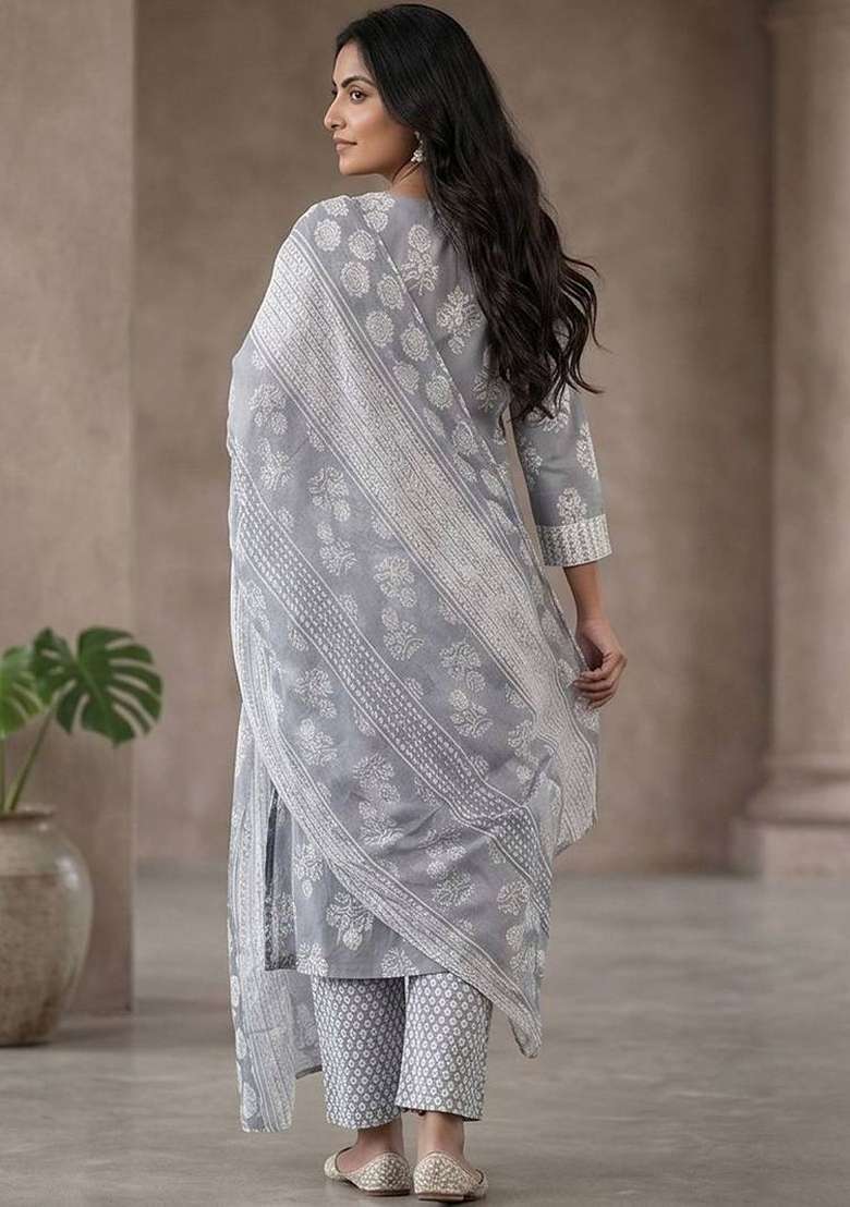 Grey Printed Cotton Kurta Set - Indya